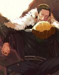  1boy black_cape black_hair black_jacket black_panties blood blood_on_face blood_on_hands cape crocodile_(one_piece) fur-trimmed_cape fur_trim grey_eyes hair_slicked_back jacket jewelry looking_to_the_side male_focus mirin_(coene65) multiple_rings one_piece open_mouth panties ring rubble scar scar_on_face sitting solo teeth underwear upper_teeth_only veins 