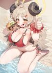  1girl ahoge beach bikini black_horns blue_archive breasts brown_eyes brown_hair burger collarbone commentary_request curled_horns food hair_ornament hairclip halo highres holding holding_food horns izumi_(blue_archive) izumi_(swimsuit)_(blue_archive) keureu_(tiqkdtiqkd10) large_breasts long_hair looking_at_viewer mole mole_on_thigh navel o-ring o-ring_bikini o-ring_top ocean official_alternate_costume open_mouth red_bikini sand sandals solo sparkling_eyes swimsuit thumbs_up wet 