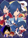  1boy :o alternate_color arm_up blue_eyes blue_hair blue_jacket blue_kimono blush buttons clenched_hand closed_mouth commentary_request falkner_(pokemon) hair_over_one_eye haori highres hoothoot jacket japanese_clothes kimono kneehighs lugia male_focus multiple_views open_clothes open_jacket open_mouth pidgeot pokemon pokemon_(game) pokemon_gsc pokemon_hgss pokemon_masters_ex red_jacket sash shoes short_hair short_sleeves smile socks swellow teeth tsugomori_(sprn303) upper_teeth_only white_kimono 