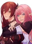  2girls absurdres blue_eyes brown_eyes choker closed_mouth eden_(honkai_impact) elysia_(honkai_impact) ghouleo highres honkai_(series) honkai_impact_3rd hug hug_from_behind long_hair multiple_girls open_mouth pink_hair pointy_ears purple_nails red_hair smile teeth white_background yuri 