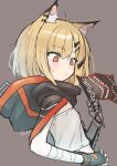  1girl animal_ears arknights black_cape black_gloves blonde_hair brown_background cape flag flat_chest fox_ears fox_girl gloves highres holding holding_flag hood hooded_cape mitake_eil notched_ear orange_eyes prosthesis prosthetic_arm shirt simple_background single_glove sketch solo upper_body vermeil_(arknights) white_shirt 