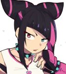  1girl black_hair blue_eyes blue_nails bracelet choker fingerless_gloves gloves han_juri heterochromia jewelry lineni looking_at_viewer multicolored_hair open_mouth pink_eyes pink_hair solo spiked_bracelet spiked_choker spikes street_fighter street_fighter_6 two-tone_hair upper_body white_background 