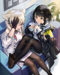  2girls :t absurdres animal_ears arknights arknights:_endfield bare_shoulders bird_ears black_hair black_jacket black_pantyhose blonde_hair blush breasts closed_eyes couch dress endministrator_(arknights) facepalm female_endministrator_(arknights) hair_ornament hand_on_own_head highres indoors jacket layered_sleeves long_hair long_sleeves looking_at_another medium_breasts moyume multiple_girls no_shoes off_shoulder open_clothes open_jacket open_mouth pantyhose perlica_(arknights) plant potted_plant pout short_hair sitting sleeveless sleeveless_dress sweater thighs white_dress white_jacket white_sweater yellow_eyes 