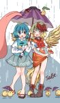  2girls absurdres animal animal_on_head bird bird_on_head bird_tail bird_wings blonde_hair blue_eyes blush boots chicken commission dress geta heterochromia highres holding holding_umbrella multicolored_hair multiple_girls niwatari_kutaka on_head orange_dress puffy_short_sleeves puffy_sleeves rain red_eyes red_hair salt_(seasoning) short_sleeves skeb_commission tail tatara_kogasa touhou two-tone_hair umbrella wings 