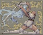  1girl boots breasts breasts_apart cleavage dark-skinned_female dark_elf dark_skin elf fujii_eishun gloves highres jewelry large_breasts long_hair long_pointy_ears pirotess pointy_ears record_of_lodoss_war shiny_skin solo sword thigh_boots very_long_hair weapon white_hair 