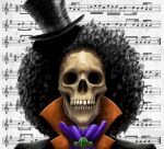  1boy afro ascot black_hair blue_ascot brook_(one_piece) hat hayrullah_kaya looking_at_viewer musical_note one_piece realistic skeleton skull solo solo_focus top_hat 