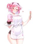  1girl absurdres apron bare_legs black_shorts blush breasts chocolate closed_eyes cowboy_shot crop_top cupcake dessert doki_doki_literature_club food hair_between_eyes hair_intakes hair_ornament hair_ribbon happy_birthday heart highres holding_utensil machulanko medium_breasts natsuki_(doki_doki_literature_club) off_shoulder open_mouth pink_hair pink_shirt plate ribbon shirt short_hair short_sleeves short_twintails shorts smile solo standing sweets teeth thigh_gap thighs twintails white_apron white_background wooden_spoon x_hair_ornament 