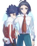  2boys absurdres ahoge belt belt_buckle black_hair blue_eyes breast_pocket bright_pupils brown_belt brown_eyes buckle cheren_(pokemon) closed_mouth collared_shirt commentary_request gloves green_pants hand_on_own_hip highres hugh_(pokemon) jacket male_focus multiple_boys necktie pants pocket pokemon pokemon_(game) pokemon_bw2 red_necktie ryusa_(gjgd7445) shirt short_hair sleeves_rolled_up smile spiked_hair watch white_pupils white_shirt wristwatch 