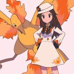  1girl alternate_color black_gloves brown_hair closed_mouth commentary_request dress eyelashes gloves grey_eyes hair_flaps hands_on_own_hips hat hat_ornament highres leaf_(champion)_(pokemon) leaf_(pokemon) long_hair moltres pokemon pokemon_(creature) pokemon_(game) pokemon_masters_ex sidelocks simple_background smile tyako_089 white_dress white_headwear 