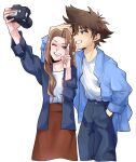  1boy 1girl blue_jacket blue_pants brown_eyes brown_hair brown_skirt camera couple digimon gelato_ss1 grin hand_in_pocket hand_on_another&#039;s_head highres holding holding_camera jacket long_hair one_eye_closed open_clothes open_jacket pants shirt short_hair simple_background skirt smile tachikawa_mimi white_background white_shirt yagami_taichi 