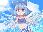 1girl bright_pupils cirno day dutch_angle flat_chest frills grin highres horizon ice ice_wings looking_at_viewer navel outdoors outline petite smile solo splashing sun swimsuit touhou water white_outline white_pupils wings zanasta0810 