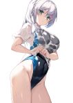  1girl absurdres blush covered_navel cowboy_shot green_eyes hair_between_eyes highres looking_at_viewer navel one-piece_swimsuit original ryou_(ponpgo) shirt side_ponytail solo swimsuit t-shirt water wet wet_clothes wet_shirt white_hair white_shirt wringing_clothes 