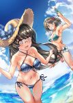  2girls ass_visible_through_thighs bikini black_hair blue_bikini blue_eyes blue_sky blunt_bangs breasts brown_hair choukai_(kancolle) choukai_kai_ni_(kancolle) cleavage cloud commentary_request criss-cross_halter day glasses green_bikini hair_ribbon halterneck hat headgear highres kantai_collection leaning_forward long_hair looking_at_viewer maya_(kancolle) maya_kai_ni_(kancolle) medium_breasts multiple_girls official_alternate_costume outdoors radio_antenna red_eyes ribbon shirt short_hair side-tie_bikini_bottom sky straw_hat striped striped_bikini sun_hat swimsuit thigh_gap water water_gun yo-suke 