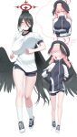  2girls absurdres black_hair black_shorts black_wings blue_archive blush breast_envy breasts fang feathered_wings gym_uniform hair_wings halo hasumi_(blue_archive) hasumi_(track)_(blue_archive) heavy_breathing highres huge_breasts imagining koharu_(blue_archive) leavv long_hair looking_at_another mole mole_under_eye multiple_girls pink_hair ponytail running shoes shorts simple_background skin_fang small_breasts sneakers very_long_hair white_background wings 