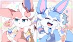  2021 blue_body blue_eyes blue_fur cheek_tuft digital_media_(artwork) duo eeveelution facial_tuft fur generation_6_pokemon hi_res kinozel nintendo open_mouth open_smile pink_body pink_fur pokemon pokemon_(species) shiny_pokemon smile sylveon tuft white_body white_fur 