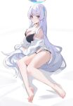  1girl absurdres barefoot blue_archive blush breasts chinoryuu cleavage closed_mouth grey_hair halo highres large_breasts long_hair long_sleeves looking_at_viewer mechanical_halo noa_(blue_archive) purple_eyes shirt simple_background solo white_background white_shirt 
