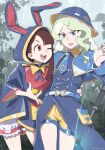  2girls ;d animal_ears arikindows10 blue_eyes blue_headwear blue_necktie blue_raincoat blue_shirt cloud cloudy_sky diana_cavendish green_hair hand_on_another&#039;s_waist hat highres holding hood hood_up kagari_atsuko leaf light_green_hair little_witch_academia long_hair long_sleeves multiple_girls necktie one_eye_closed open_mouth outdoors rabbit_ears rain raincoat red_eyes shirt shorts single_sidelock sky smile sweat wand yellow_shorts 