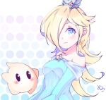  1girl bare_shoulders blonde_hair blue_dress blue_eyes brooch closed_mouth crown dress earrings hair_over_one_eye jewelry long_hair long_sleeves looking_at_viewer luma_(mario) mario_(series) nukoko12 off-shoulder_dress off_shoulder rosalina star_(symbol) star_brooch star_earrings super_mario_galaxy 