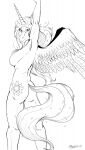  2019 anthro arms_above_head breasts butt cutie_mark equid equine feathers featureless_breasts female friendship_is_magic fur half-closed_eyes hasbro head_turned hi_res horn looking_at_viewer mammal mane marcushunter my_little_pony narrowed_eyes nude princess_celestia_(mlp) raised_arms raised_tail rear_view side_boob signature smile smiling_at_viewer solo standing tail unicorn_horn winged_unicorn wings 