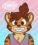  ambiguous_gender anthro blush brown_hair cheek_marks chibi clothed clothing curled_hair digital_media_(artwork) felid gabe_(mytigertail) hair headshot_portrait hi_res long_hair looking_at_viewer male mammal markings mytigertail open_mouth pantherine ponytail_(hair) portrait portuguese_text shirt simple_background smile solo striped_markings stripes tank_top text tiger topwear 