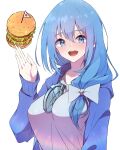  1girl amulet between_breasts blue_eyes blue_hair breasts burger collarbone food hand_up highres hood hood_down hoodie large_breasts long_hair long_sleeves mini_flag mosu_(korikan) open_mouth original solo white_background white_hair 