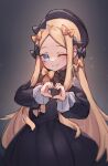  1girl abigail_williams_(fate) black_bow black_dress black_headwear blonde_hair blue_eyes blush bow breasts dress fate/grand_order fate_(series) forehead hair_bow hat heart heart_hands highres long_hair long_sleeves looking_at_viewer miya_(miyaruta) multiple_hair_bows one_eye_closed orange_bow parted_bangs ribbed_dress small_breasts smile solo 