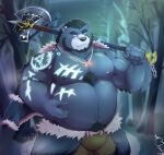  2023 anthro bear belly big_belly black_nose blue_body bottomwear clothing detailed_background fi94014131 hi_res kemono male mammal moobs nipples outside overweight overweight_male pants solo tattoo weapon 