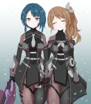  2girls aizawa_kazuha arms_at_sides assault_lily asymmetrical_hair asymmetrical_legwear belt black_gloves black_leotard black_sailor_collar blue_eyes blue_hair blunt_bangs breasts brown_hair crying crying_with_eyes_open detached_sleeves gloves gradient_background hair_ornament hair_ribbon hairclip happy_tears high_side_ponytail holding holding_hands holding_weapon iijima_renka leotard mismatched_legwear multiple_girls neckerchief official_alternate_costume pelvic_curtain ribbon sailor_collar side-by-side smile standing tears thigh_strap weapon zetton_(zton1) 