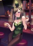  1girl alcohol animal_ears bar_(place) black_bow black_hair black_pantyhose bottle bow bowtie breasts cleavage commentary_request counter detached_collar douji drunk glass green_bow green_bowtie green_leotard leotard long_hair medium_breasts original pantyhose playboy_bunny purple_eyes rabbit_ears rabbit_tail side-tie_leotard solo stool strapless strapless_leotard tail whiskey wrist_cuffs 
