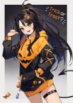  1girl ahoge black_hair blush candy commission demon_horns demon_tail dutch_angle fangs food green_eyes hair_ornament hand_in_pocket highres hood hood_down hoodie horns hyanna-natsu indie_virtual_youtuber jack-o&#039;-lantern jack-o&#039;-lantern_hair_ornament long_hair open_mouth ponytail tail thigh_strap trick_or_treat two-tone_sweater unethical_(vtuber) virtual_youtuber wings 