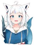  1girl absurdres ahoge animal_ear_fluff animal_ears animal_hood blue_eyes blue_hoodie collarbone commentary_request fangs fins fish_tail fox_ears fox_girl fusion gawr_gura gawr_gura_(1st_costume) hair_ornament highres hololive hood hoodie looking_at_viewer multiple_tails open_mouth shark_hair_ornament shark_hood shark_tail shirakami_fubuki simple_background sketch solo suzu_coconatu tail virtual_youtuber white_background white_hair 