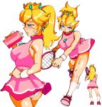  1girl 3amsoda ass ball blonde_hair bottle breasts crown drink earrings highres holding holding_bottle jewelry large_breasts long_hair mario_(series) mario_tennis multiple_views pink_footwear ponytail princess_peach racket simple_background socks solo sweat tennis tennis_ball tennis_racket underwear water water_bottle white_background white_socks 