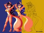  2022 anthro artist_name bikini biped blue_hair canid canine carmelita_fox clothing countershade_fur countershading dawgweazle digital_media_(artwork) duo female footwear fox fur hair hi_res high_heels lipstick makeup mammal multiple_images orange_body orange_fur progression red_lipstick sly_cooper_(series) sony_corporation sony_interactive_entertainment sucker_punch_productions swimwear tail 