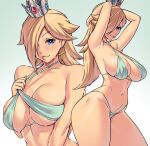  1girl armpit_crease armpits arms_up bikini bikini_pull blonde_hair blue_eyes breasts cleavage clothes_pull criss-cross_halter crown dracksart earrings hair_over_one_eye halterneck highres jewelry large_breasts long_hair looking_at_viewer mario_(series) mini_crown navel rosalina sideboob super_mario_galaxy sweatdrop swimsuit thong_bikini wet 