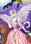  1995 anthro artkits bracelet clothing dress english_text feathers felid feline female fur furrymuck jewelry looking_at_viewer mammal opal_(furrymuck) rail solo tail text traditional_media_(artwork) wings 