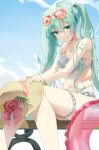  1girl :q absurdres aqua_eyes aqua_hair aviator_sunglasses bare_shoulders bikini blue_nails blue_sky bracelet breasts choker cleavage day eyewear_on_head flower frilled_bikini frills hat hat_flower hatsune_miku highres holding holding_clothes holding_hat innertube jewelry long_hair looking_at_viewer navel number_tattoo outdoors sitting sky smile solo stomach sun_hat sunglasses swimsuit tattoo thigh_strap tongue tongue_out twintails ve_r_nell very_long_hair vocaloid white_bikini white_choker 