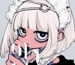  1girl black_nails blunt_bangs bob_cut closed_mouth grey_background hand_up highres holding holding_ribbon looking_at_viewer maid_headdress medium_hair nail_polish original oshio_(shioqqq) portrait ribbon simple_background solo white_eyes white_hair white_ribbon 