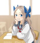  1girl asakaze_(kancolle) bangs blue_bow blue_eyes blue_sailor_collar bow brown_hair cosplay desk forehead hair_bow hand_on_own_face kantai_collection karakai_jouzu_no_takagi-san light_brown_hair long_hair long_sleeves neckerchief one-hour_drawing_challenge parted_bangs ray.s red_neckerchief sailor_collar school_desk school_uniform serafuku shirt sidelocks solo takagi-san takagi-san_(cosplay) trait_connection wavy_hair white_shirt 