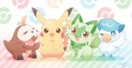  :3 artist_name beak blue_eyes brown_eyes closed_eyes diagonal_stripes fangs fuecoco full_body hand_up mugita_konomi open_mouth pikachu poke_ball_symbol pokemon pokemon_(creature) quaxly red_eyes smile sprigatito standing striped twitter_username 