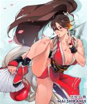  1girl arm_guards ass bare_shoulders blush breasts brown_eyes brown_hair cesar_art456 character_name cherry_blossoms cleavage drop_shadow fatal_fury folding_fan foot_out_of_frame hand_fan high_ponytail highres holding holding_fan japanese_clothes knee_up large_breasts long_hair ninja no_shoes pelvic_curtain petals photoshop_(medium) ponytail revealing_clothes rope shiranui_mai snk solo standing standing_on_one_leg the_king_of_fighters thighs toes 
