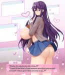  1girl ass blue_skirt blush breasts closed_mouth clothes_lift cowboy_shot doki_doki_literature_club grey_jacket hair_between_eyes hair_intakes hair_ornament hairclip hand_up heart highres huge_breasts jacket long_hair long_sleeves miniskirt nipples orange_shirt pink_background pleated_skirt purple_eyes purple_hair shirt shirt_lift sinensian skirt solo white_background yuri_(doki_doki_literature_club) 