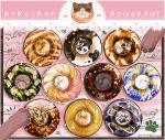  animal black_cat cat dated doughnut food food_focus grey_cat heart icing no_humans nut_(food) orange_cat original outline paw_print shunkashuntou sparkle striped_fur white_cat white_outline 