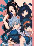  5boys :d :o alluka_zoldyck androgynous animal animal_ears aqua_eyes arms_on_head between_fingers black_hair blue_eyes blue_shorts blunt_bangs breasts brothers cat_boy cat_day cat_ears cat_tail crossed_arms curious fang fat fish frown grey_hair hair_over_one_eye hairband hands_up highres holding holding_animal holding_fish holding_weapon hunter_x_hunter illumi_zoldyck kalluto_zoldyck killua_zoldyck layered_sleeves long_hair long_sleeves looking_at_viewer milluki_zoldyck multiple_boys open_mouth otoko_no_ko parted_bangs paw_print peeking_out short_hair short_over_long_sleeves short_sleeves shorts siblings sitting sitting_on_person smile smiley_face tail thicopoyo weapon 