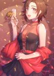  1girl alcohol artist_name belt black_dress black_hair breasts champagne champagne_flute cleavage cup dress drinking_glass english_commentary flower gradient_hair graffiti highres kio_rojine light multicolored_hair open_mouth red_hair red_shawl rose ruby_rose rwby see-through see-through_cleavage shawl short_hair sleeveless sleeveless_dress solo spotlight 