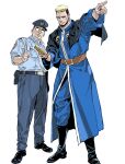  2boys beard belt black_hair blonde_hair blue_eyes blue_shirt boots cellphone facial_hair goenitz habit hat highres holding holding_phone long_sleeves looking_at_viewer male_focus multicolored_hair multiple_boys nobita_(makoto7060355) phone police police_badge police_hat police_uniform policeman priest shirt short_hair smartphone snk the_king_of_fighters the_king_of_fighters_&#039;96 two-tone_hair uniform 