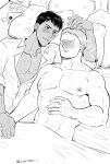  2boys abs absurdres bara bed bertolt_hoover blush closed_mouth collared_shirt couple greyscale highres holding_hands large_pectorals looking_at_another lying monochrome multiple_boys muscular muscular_male navel ni_yuu nipples on_back on_bed on_side partially_unbuttoned pectorals pillow reiner_braun shingeki_no_kyojin shirt smile yaoi 