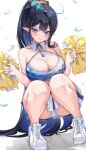  1girl bare_shoulders black_hair blue_archive blue_eyes blue_hair breasts cleavage colored_inner_hair giga-tera halo large_breasts long_hair multicolored_hair pointy_ears rin_(blue_archive) shoes squatting white_footwear 