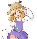  1girl animal_print blonde_hair brown_headwear commentary_request frog_print long_sleeves looking_at_viewer mizusoba moriya_suwako one_eye_closed purple_skirt purple_vest short_hair sidelocks simple_background skirt solo touhou vest w white_background yellow_eyes 