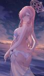  1girl absurdres ass bikini blue_archive breasts cake_walker closed_mouth cloud from_behind halo highres large_breasts long_hair looking_at_viewer looking_back mimori_(blue_archive) mimori_(swimsuit)_(blue_archive) night night_sky ocean pink_hair sarong see-through_sarong sky smile solo star_(sky) starry_sky swimsuit very_long_hair wading white_bikini 
