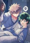  2boys :/ alternate_hair_color bakugou_katsuki bandaged_arm bandaged_chest bandages blanket boku_no_hero_academia bright_pupils brown_hair closed_mouth curtains eyebrows_hidden_by_hair freckles from_side green_eyes green_hair green_pupils hair_between_eyes hand_up highres hospital hospital_gown indoors leaning_forward light looking_at_viewer looking_to_the_side male_focus midoriya_izuku multiple_boys on_bed open_mouth pillow pixiv_username raised_eyebrows reclining red_eyes sanpaku scratches short_hair short_sleeves single_horizontal_stripe smile spiked_hair spoilers spoken_skull sweatdrop turning_head twitter_username ume_(326310) under_covers upper_body v-shaped_eyebrows window 